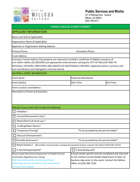 First page of the Parks Special Event Permit Agreement and Acknowledgement
