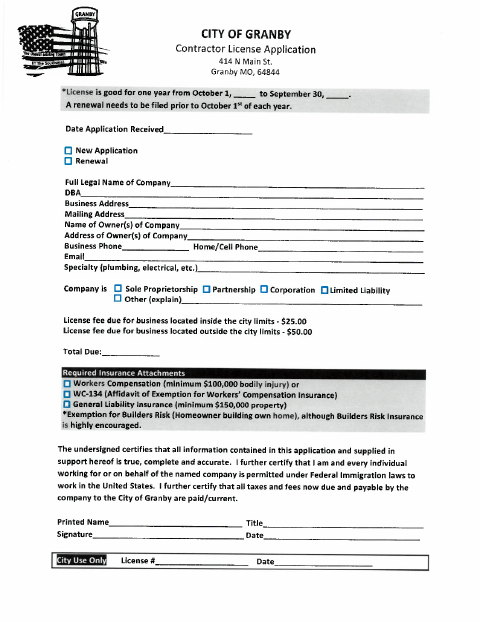 First page of the Contractor License Application