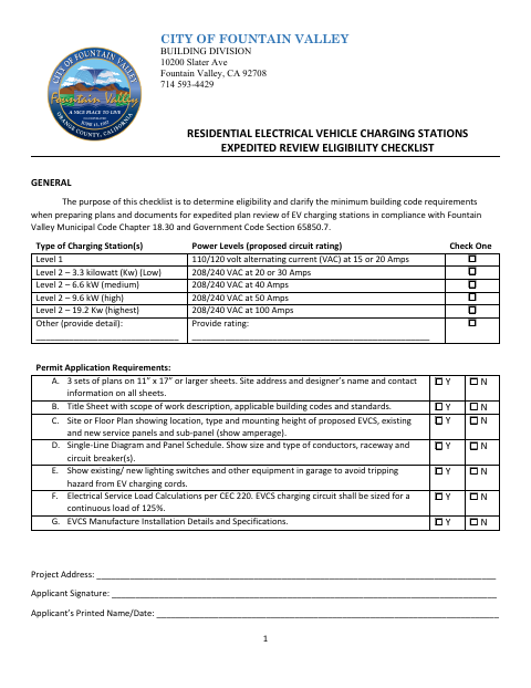 First page of the Residential Electrical Vehicle Charging Stations Expedited Review Eligibility Checklist