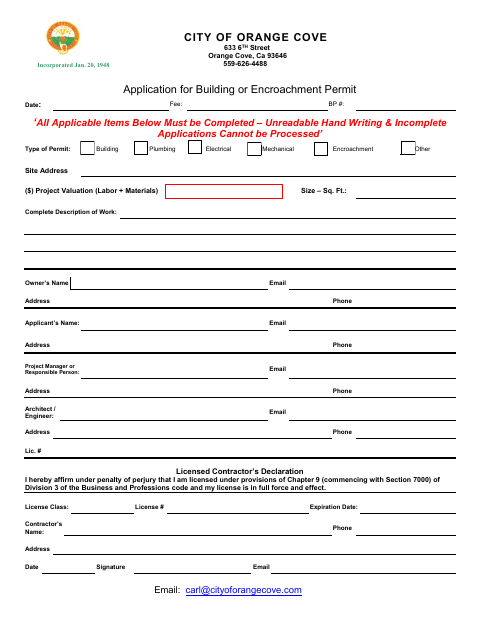 First page of the Application for Building or Encroachment Permit