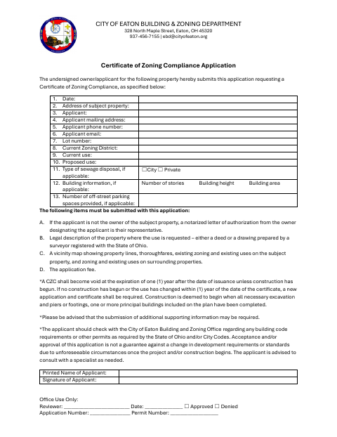 First page of the Certificate of Zoning Compliance Application