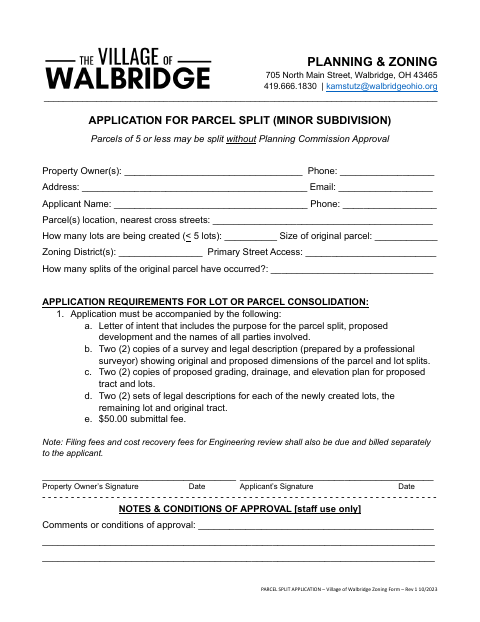 First page of the Application for Parcel Split (Minor Subdivision)