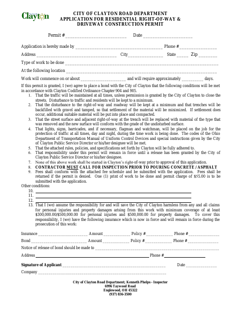 First page of the Residential Right-of-Way and Driveway Construction Permit Application