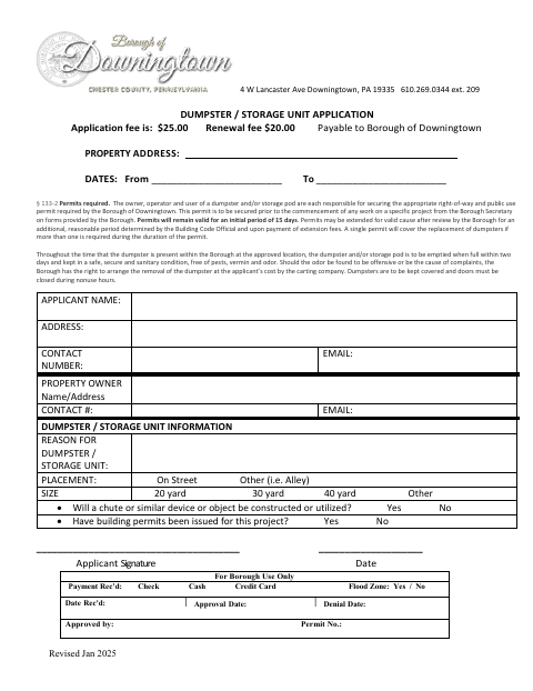 First page of the Dumpster / Storage Unit Application