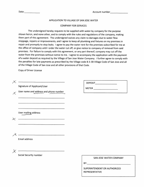 First page of the Water and Sewer Service Application