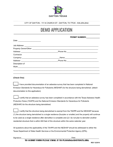 First page of the Demolition Permit Application