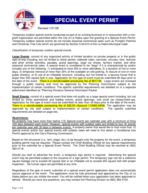First page of the Special Event Permit