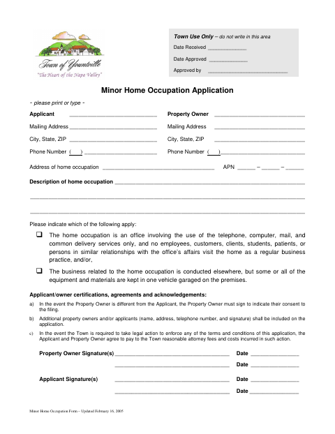 First page of the Minor Home Occupation Application