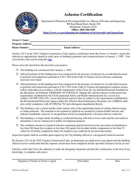 First page of the Asbestos Certification