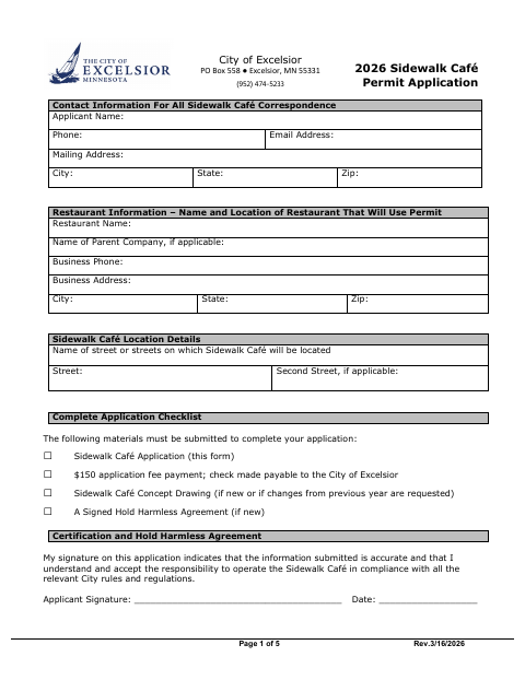 First page of the Sidewalk Café Permit Application
