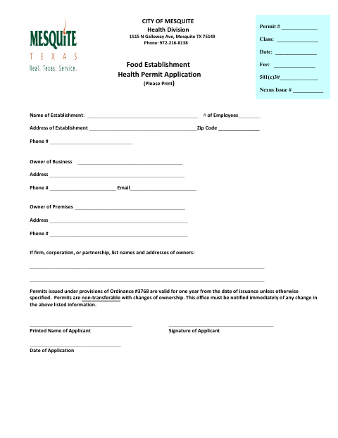 First page of the Food Establishment Health Permit Application
