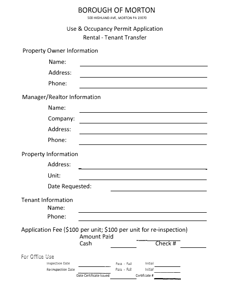 First page of the Rental Tenant Transfer Use & Occupancy Permit Application