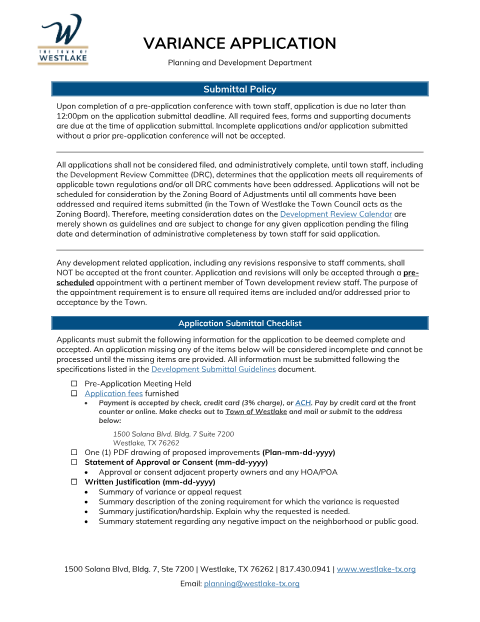 First page of the Variance Application