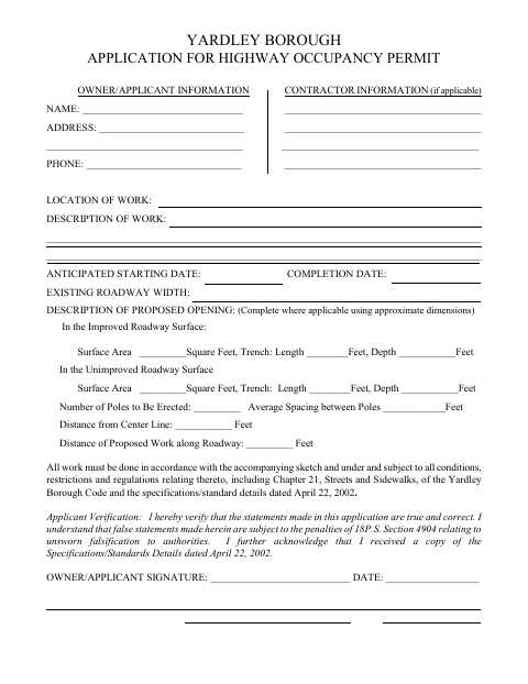 First page of the Application for Highway Occupancy Permit