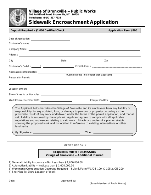 First page of the Sidewalk Encroachment Application