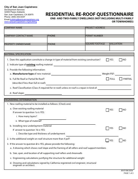 First page of the Residential Re-Roof Questionnaire