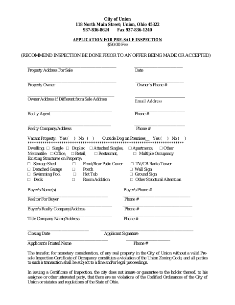 First page of the Application for Pre-Sale Inspection