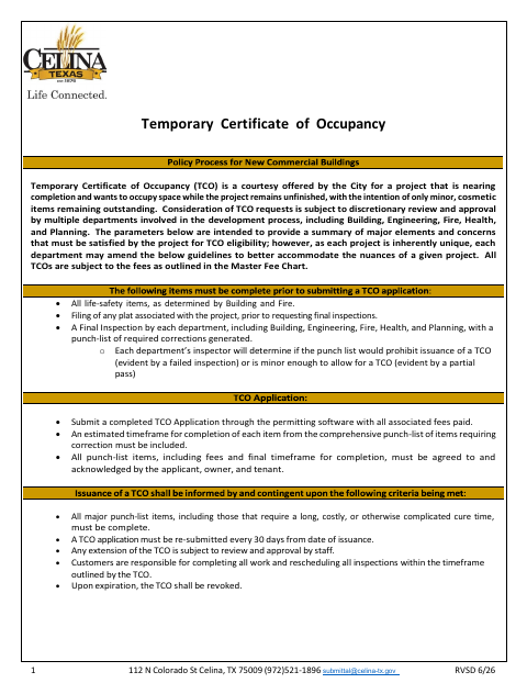 First page of the Temporary Certificate of Occupancy Application