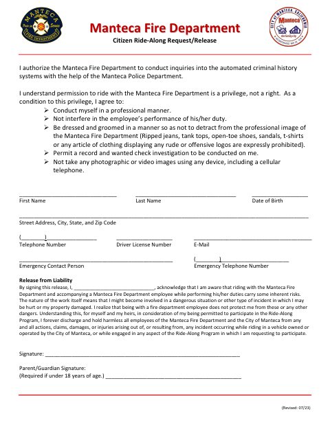 First page of the Citizen Ride-Along Request/Release