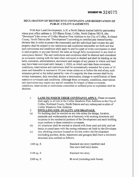 First page of the Declaration Of Restrictive Covenants And Reservation Of Public Utility Easements