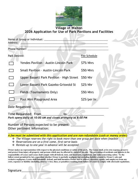 First page of the Application for Use of Park Pavilions and Facilities