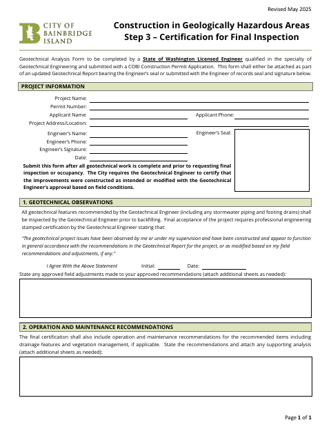 First page of the Step 3 – Certification for Final Inspection