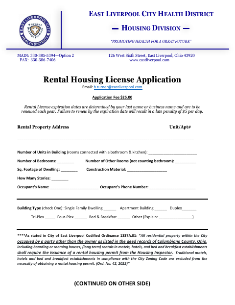 First page of the Rental Housing License Application