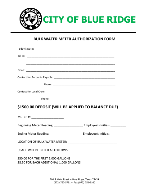 First page of the Bulk Water Meter Authorization Form