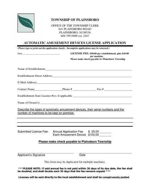 First page of the Automatic Amusement Devices License Application