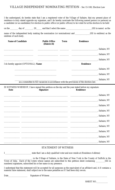 First page of the Village Independent Nominating Petition