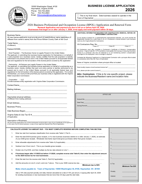 First page of the 2026 Business Professional and Occupation License (BPOL) Application and Renewal Form