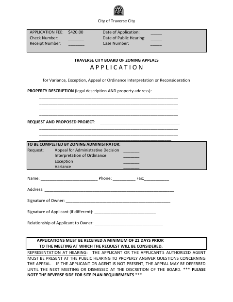 First page of the Board of Zoning Appeals Application