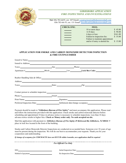 First page of the Smoke and Carbon Monoxide Detector Inspection and Fire Extinguisher Application