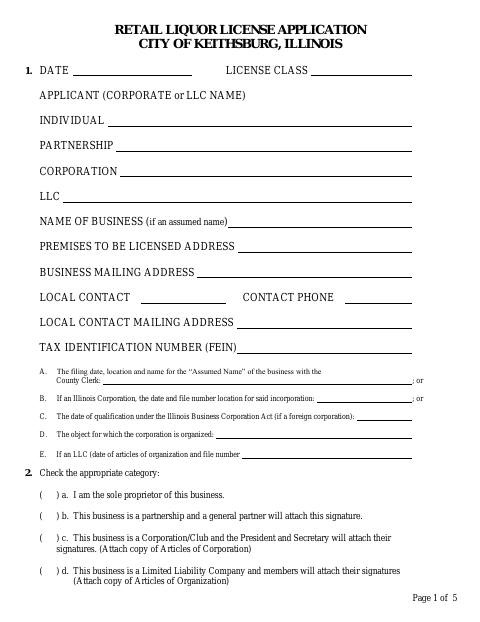 First page of the Retail Liquor License Application
