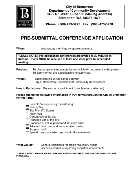 First page of the Pre-Submittal Conference Application