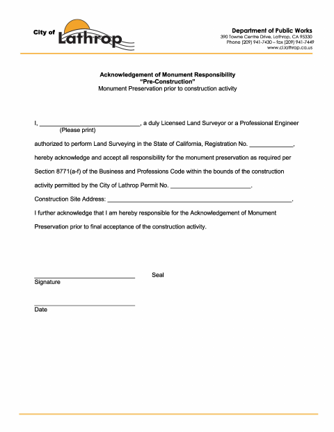 First page of the Acknowledgement of Monument Responsibility