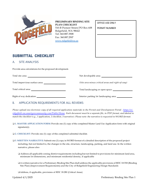 First page of the Preliminary Binding Site Plan Submittal Checklist