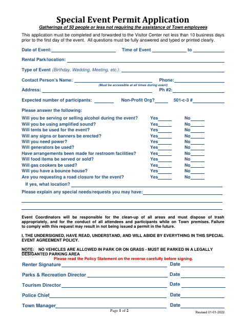 First page of the Special Event Permit Application