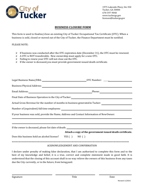 First page of the Business Closure Form