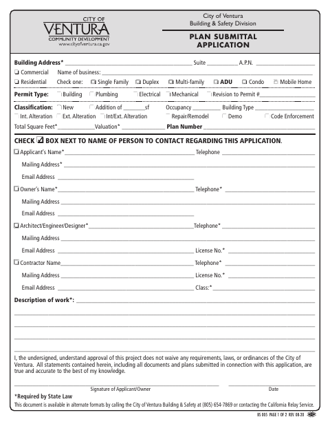 First page of the Plan Submittal Application