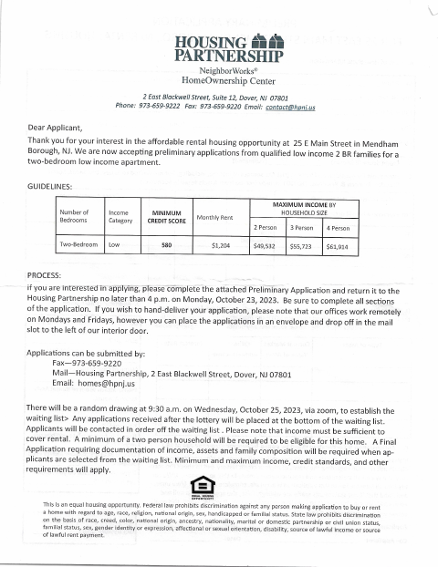 First page of the Affordable Housing Preliminary Application