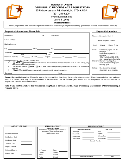 First page of the Open Public Records Act Request Form