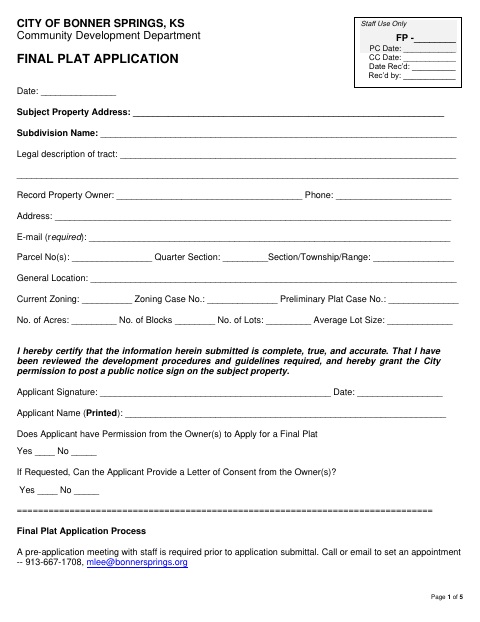 First page of the Final Plat Application