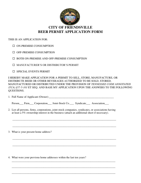 First page of the Beer Permit Application