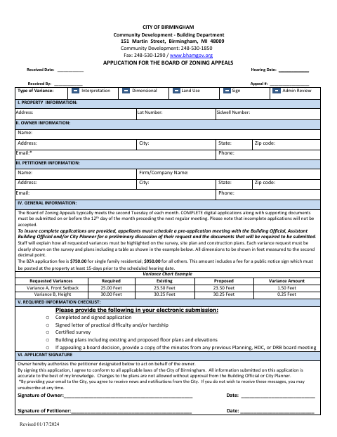 First page of the Board of Zoning Appeals Application