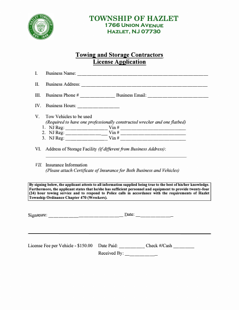 First page of the Towing and Storage Contractors License Application