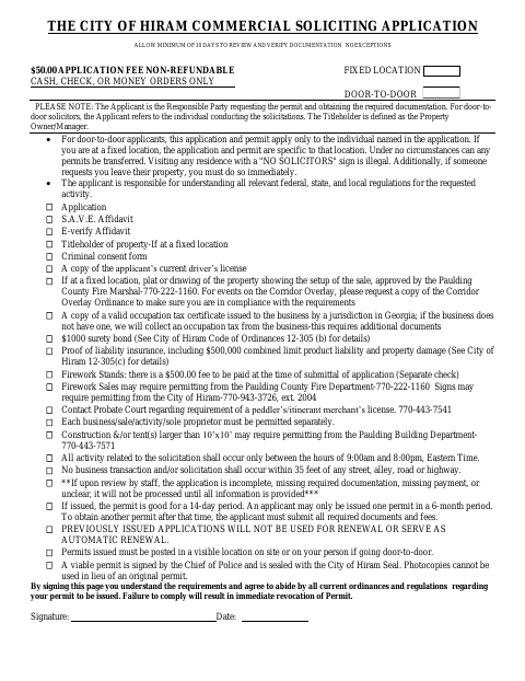 First page of the Commercial/Temporary Fixed Location Solicitations Application