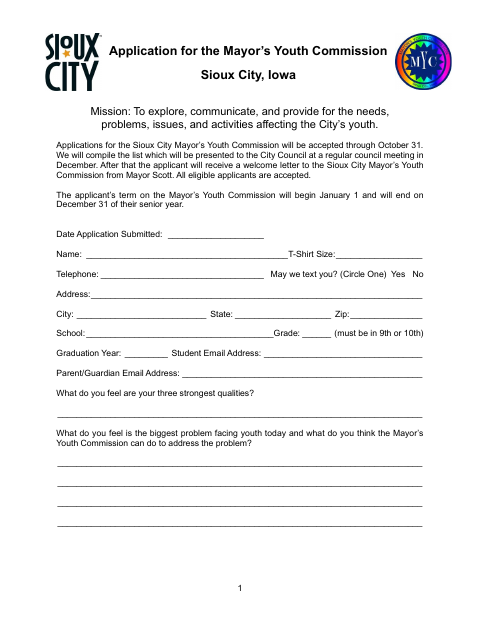 First page of the Mayor’s Youth Commission Application