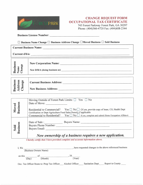 First page of the Business Change Request Form