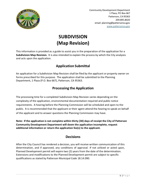 First page of the Subdivision Map Revision